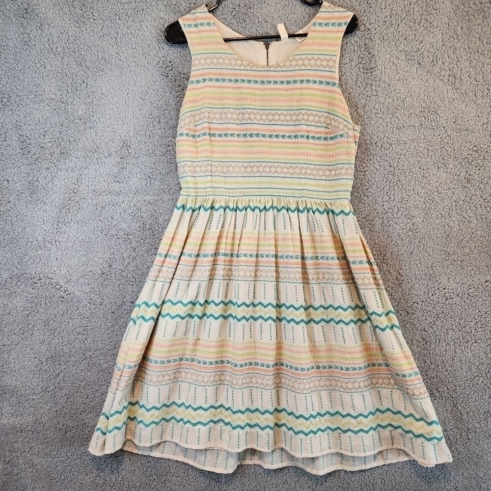 Kenji Dress Sz 10 Cream Green Pink Blue Embroidered Fit Flare Sleeveless Boho
